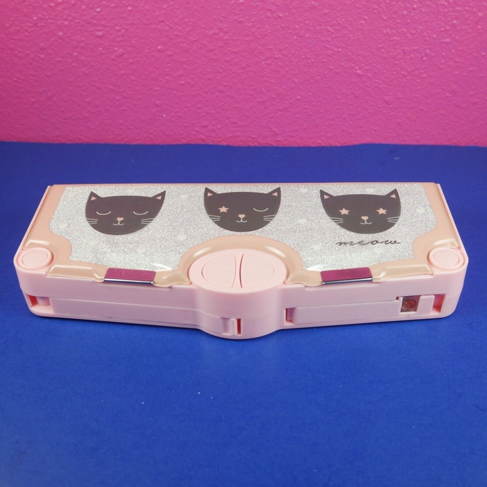 Cat Meow Pink  Plastic Pencil Case 9.5" Silver glittery Kitty Stationery case